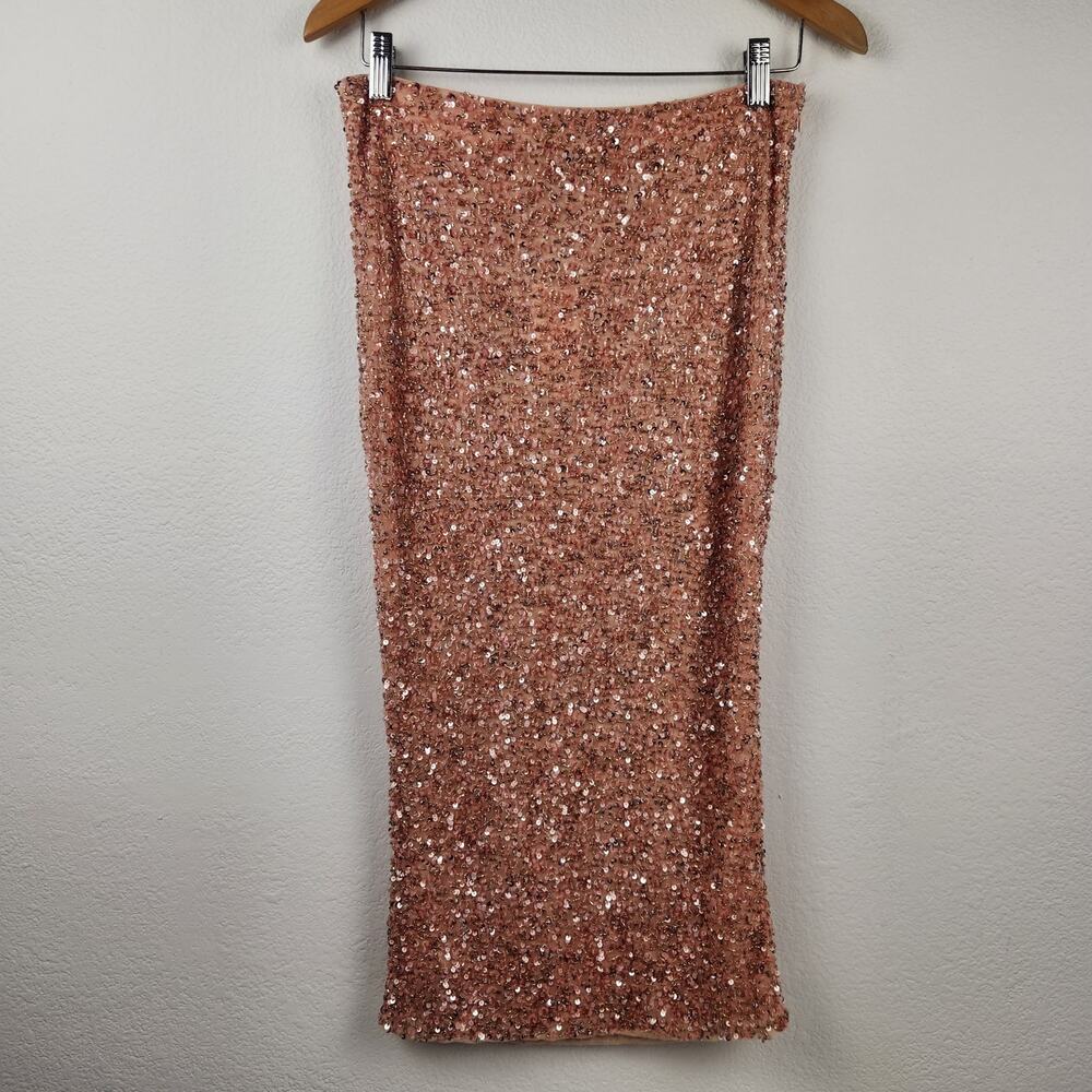 Retrofete Lowe Sequin Beaded Skirt in Dusty Peach Midi Size Small - Picture 2 of 9